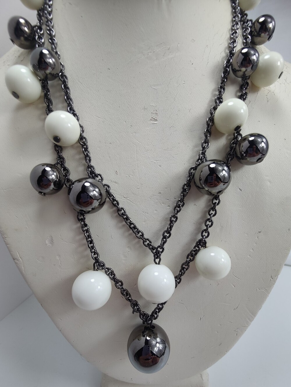 Vintage Kenneth Jay Lane KJL Double Strand Gunmetal Gray & Ivory Bead Necklace